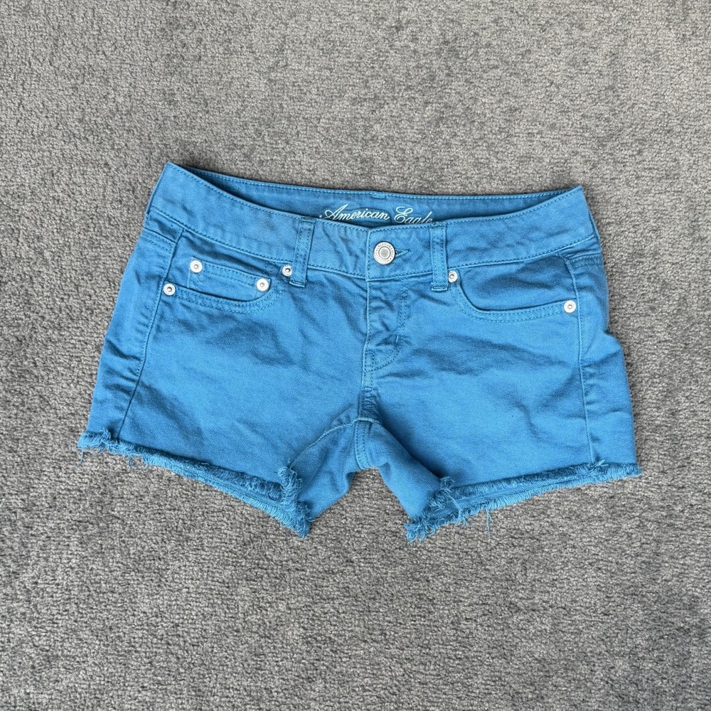 American Eagle Teal Blue Frayed Hem Stretch Denim Shorts Size 4 Low Rise